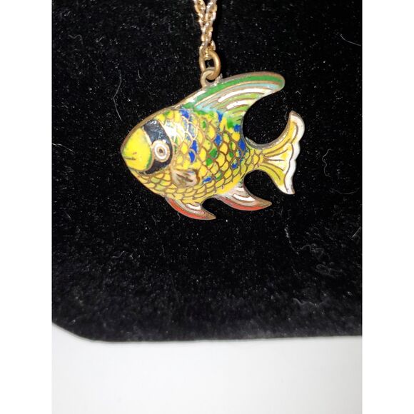 A Genuine Cloisonne Fish Pendant Necklace Tropical Costume Jewelry Gold Tone - Picture 3 of 11